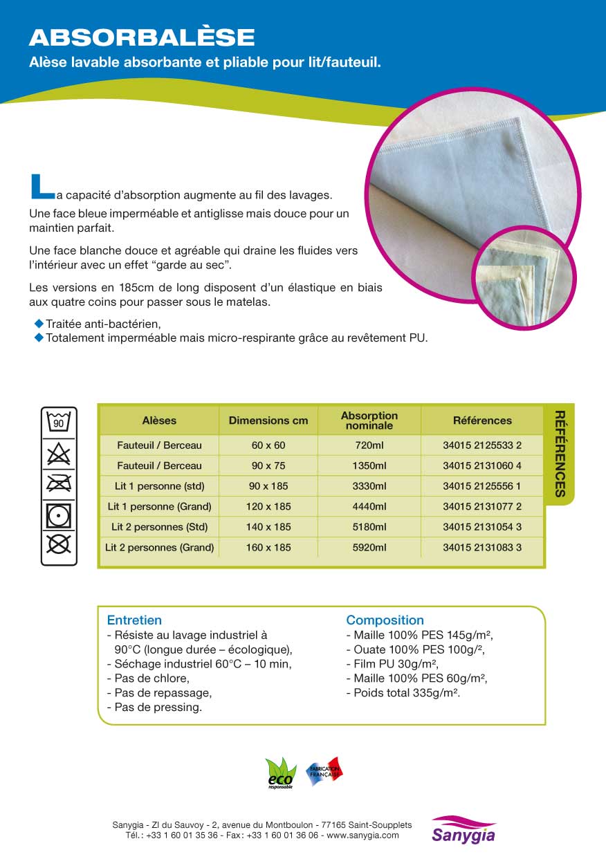 ABSORBALESE  Alèse lavable absorbante et pliable pour lit/fauteuil. La capacité d'absorption augmente au fil des lavages. Une face bleue imperméable et antiglisse mais douce pour un maintien parfait Une face blanche douce et agréable qui draine les fluides vers l'intérieur avec un effet garde au sec. Les versions en 185cm de long disposent d'un élastique en biais aux quatre coins pour passer sous le matelas.Traitée anti-bactérien. Totalement imperméable mais micro-respirante grâce au revêtement PU.