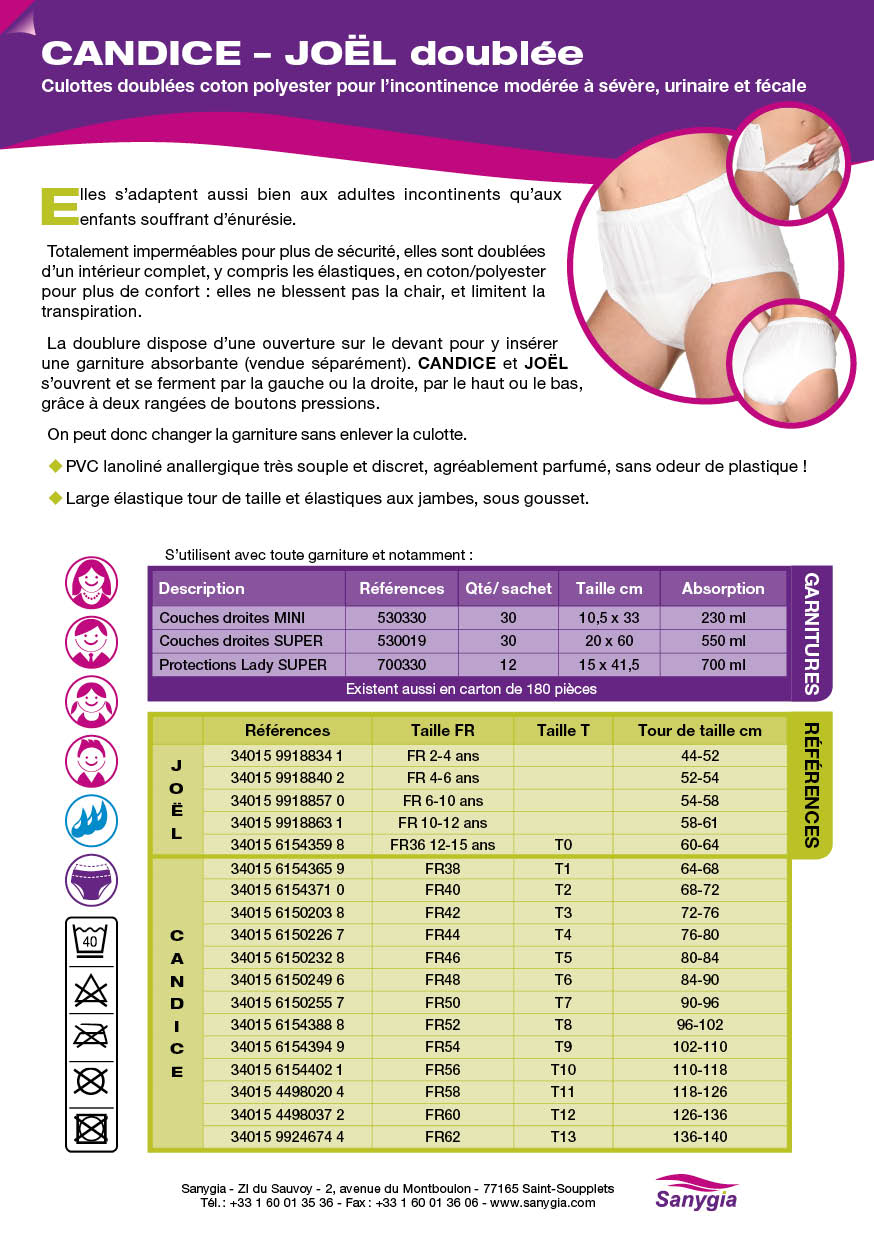 Fiche culotte incontinence ouvrante Candice SANYGIA Culottes doubles coton polyester pour lincontinence modre  svre, urinaire et fcale. Elles sadaptent aussi bien aux adultes incontinents quaux enfants souffrant dnursie. Totalement impermables pour plus de scurit, elles sont doubles dun intrieur complet, y compris les lastiques, en coton/polyester pour plus de confort : elles ne blessent pas la chair, et limitent la transpiration. La doublure dispose dune ouverture sur le devant pour y insrer une garniture absorbante (vendue sparment). CANDICE et JOL souvrent et se ferment par la gauche ou la droite, par le haut ou le bas, grce  deux ranges de boutons pressions. On peut donc changer la garniture sans enlever la culotte.   PVC lanolin anallergique trs souple et discret, agrablement parfum, sans odeur de plastique !   Large lastique tour de taille et lastiques aux jambes, sous gousset.