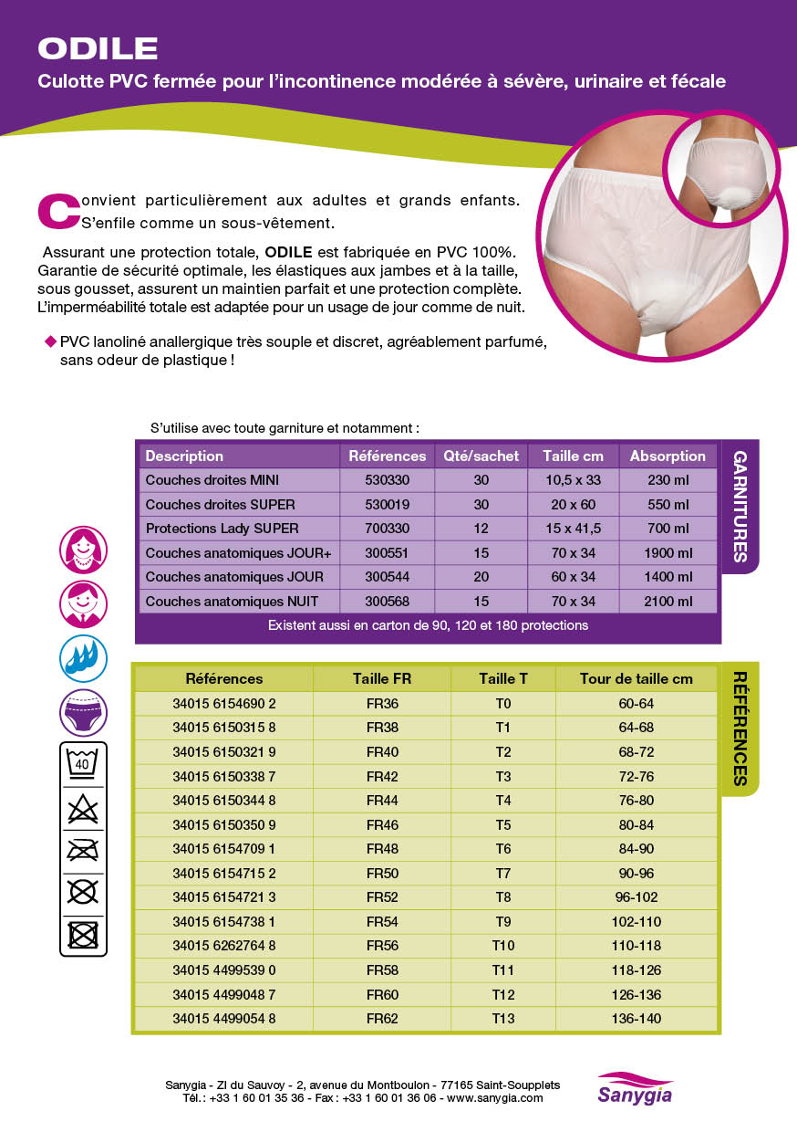 Fiche culotte incontinence ferme ODILE: Culotte PVC ferme pour lincontinence modre  svre, urinaire et fcale. Convient particulirement aux femmes et adolescentes. Senfile comme un sous-vtement. Assurant une protection totale, ODILE est fabrique en PVC 100%. Garantie de scurit optimale, les lastiques aux jambes et  la taille, sous gousset, assurent un maintien parfait et une protection complte. Limpermabilit totale est adapte pour un usage de jour comme de nuit. PVC lanolin anallergique trs souple et discret, agrablement parfum, sans odeur de plastique !