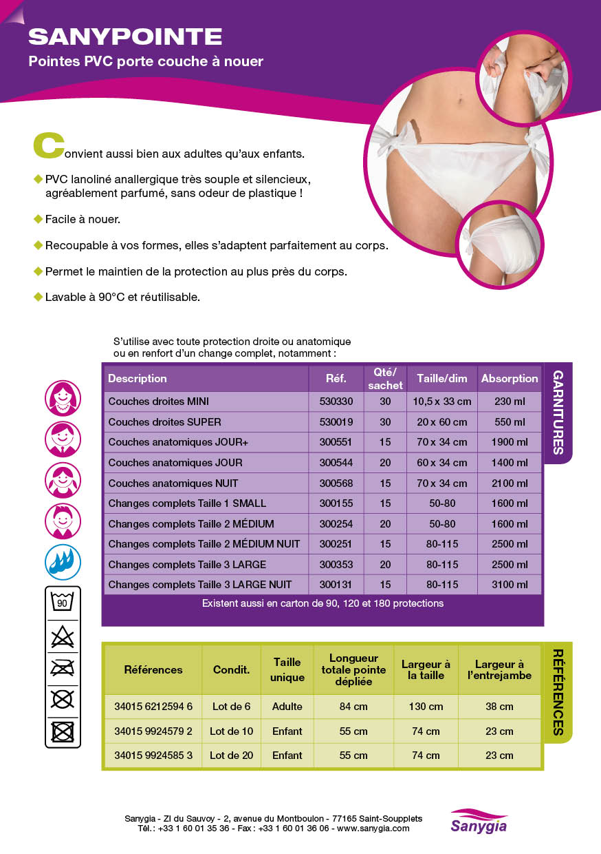 Fiche sanypointes porte couche sanygia: Pointes PVC porte couche à nouer. Convient parfaitement aux femmes et adolescentes. PVC lanoliné anallergique très souple et silencieux, agréablement parfumé, sans odeur de plastique ! Facile à nouer. Recoupable à vos formes, elles s’adaptent parfaitement au corps. Permet le maintien de la protection au plus près du corps. Lavable à 90°C et réutilisable.