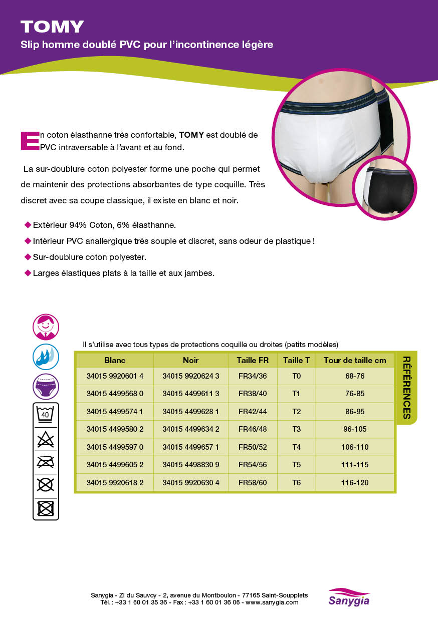 Fiche Slip incontinence Homme TOMY: Slip homme doubl PVC pour lincontinence lgre. En coton lasthanne trs confortable, TOMY est doubl de PVC intraversable  lavant et au fond. La sur-doublure coton polyester forme une poche qui permet de maintenir des protections absorbantes de type coquille. Trs discret avec sa coupe classique, il existe en blanc et noir. Extrieur 94% Coton, 6% lasthanne. Intrieur PVC anallergique trs souple et discret, sans odeur de plastique ! Sur-doublure coton polyester. Larges lastiques plats  la taille et aux jambes.