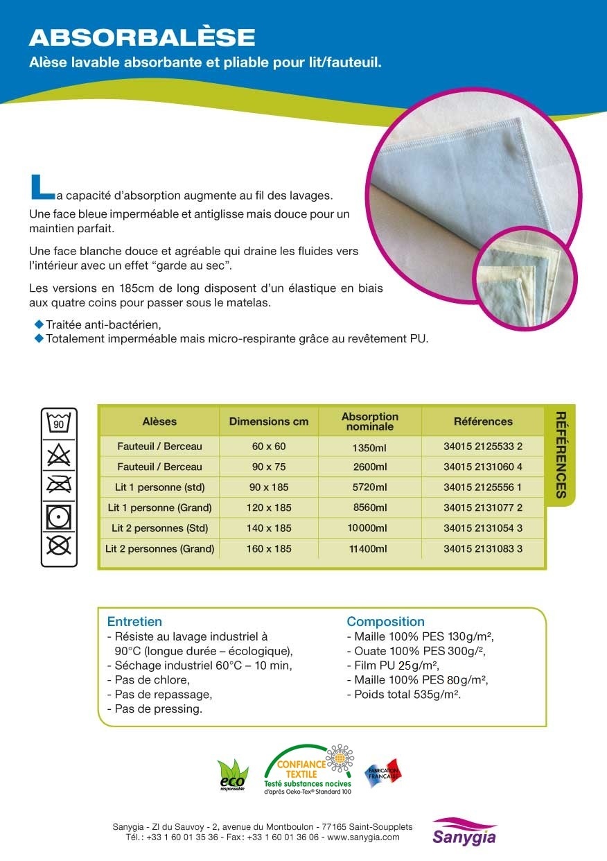 ABSORBALESE  Alse lavable absorbante et pliable pour lit/fauteuil. La capacit d'absorption augmente au fil des lavages. Une face bleue impermable et antiglisse mais douce pour un maintien parfait Une face blanche douce et agrable qui draine les fluides vers l'intrieur avec un effet garde au sec. Les versions en 185cm de long disposent d'un lastique en biais aux quatre coins pour passer sous le matelas.Traite anti-bactrien. Totalement impermable mais micro-respirante grce au revtement PU.