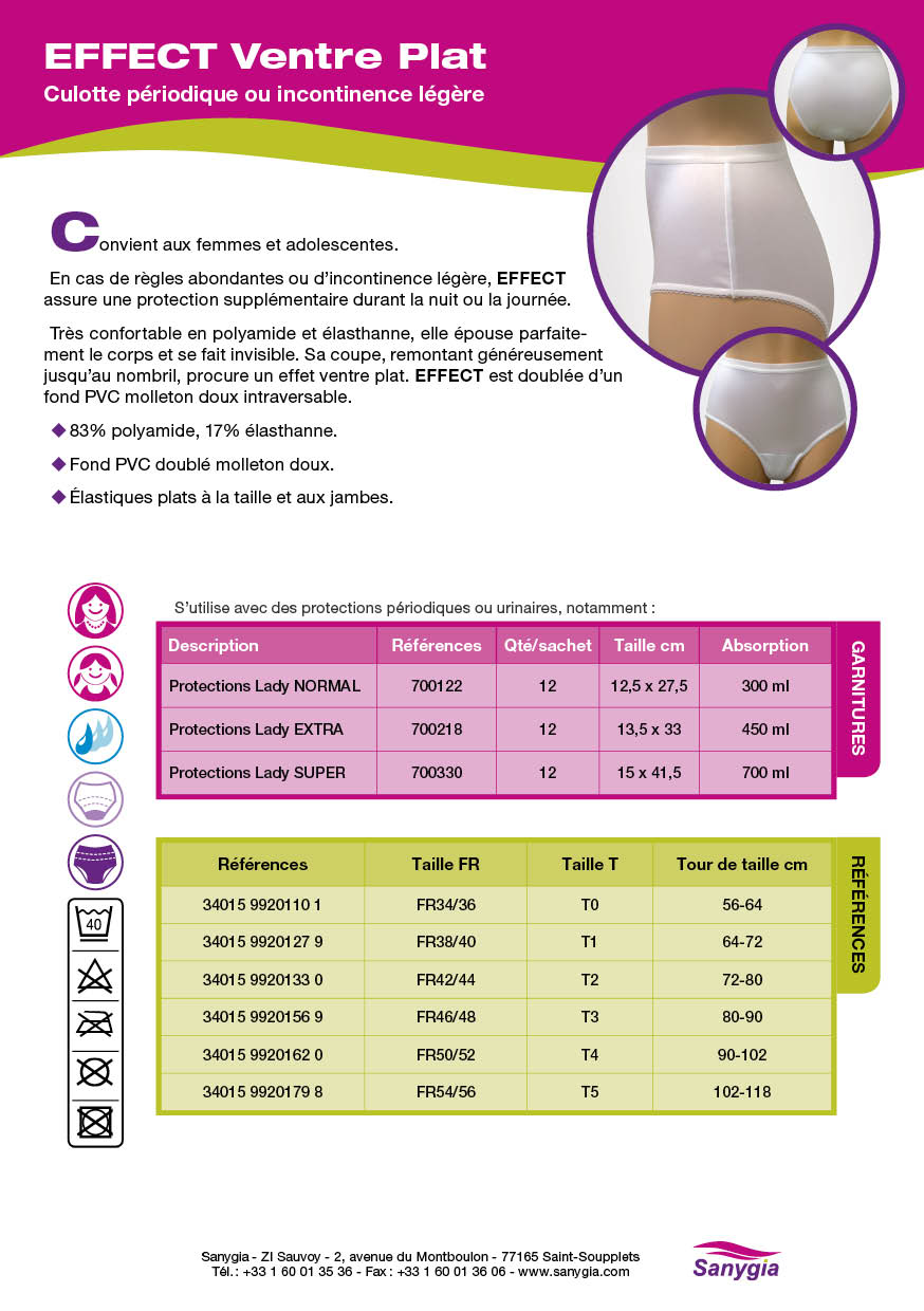 Fiche culotte périodique Effect ventre plat: Culotte périodique ou incontinence légère. Convient aux femmes et adolescentes. En cas de règles abondantes ou d’incontinence légère, EFFECT assure une protection supplémentaire durant la nuit ou la journée. Très confortable en polyamide et élasthanne, elle épouse parfaitement le corps et se fait invisible. Sa coupe, remontant généreusement jusqu’au nombril, procure un effet ventre plat. EFFECT est doublée d’un fond PVC molleton doux intraversable. 83% polyamide, 17% élasthanne. Fond PVC doublé molleton doux. Élastiques plats à la taille et aux jambes.