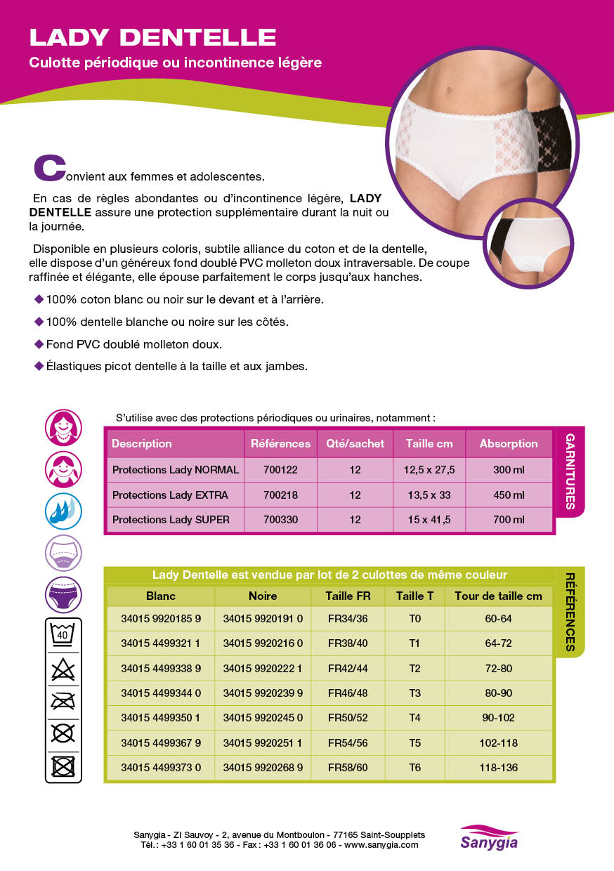 Fiche culotte periodique Lady dentelle: Culotte priodique ou incontinence lgre. Convient aux femmes et adolescentes. En cas de rgles abondantes ou dincontinence lgre, LADY DENTELLE assure une protection supplmentaire durant la nuit ou la journe. Disponible en plusieurs coloris, subtile alliance du coton et de la dentelle, elle dispose dun gnreux fond doubl PVC molleton doux intraversable. De coupe raffine et lgante, elle pouse parfaitement le corps jusquaux hanches. 100% coton blanc ou noir sur le devant et  larrire. 100% dentelle blanche ou noire sur les cts. Fond PVC doubl molleton doux. lastiques picot dentelle  la taille et aux jambes.